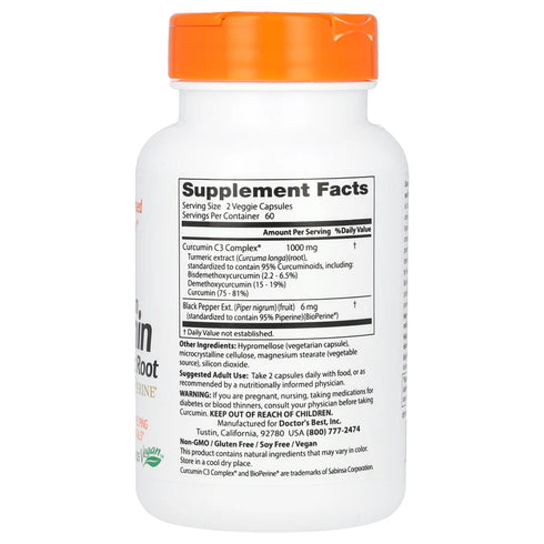 Image of High Absorption Curcumin C3 with BioPerine 500mg 120caps supplement facts